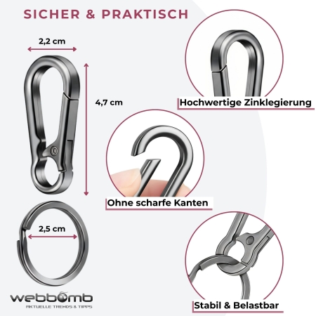 Metall-Schlüsselkarabiner mit Schlüsselring aus hochwertiger Zinklegierung, ohne scharfe Kanten, stabil und belastbar, Nahaufnahmen mit Maßen